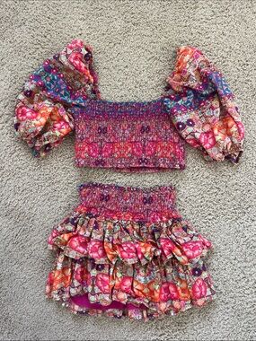 Pink Floral Two-Piece Off the shoulder Crop Top & Ruffle Skirt Set